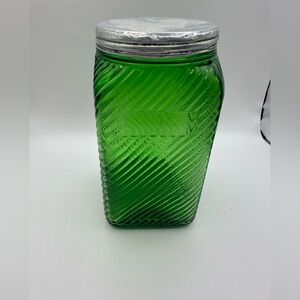 Owens Illinois Green Glass Hoosier  Canister with Silver Lid